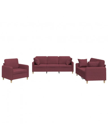 Set di Divani 3 pz con Cuscini Rosso Vino in Tessuto