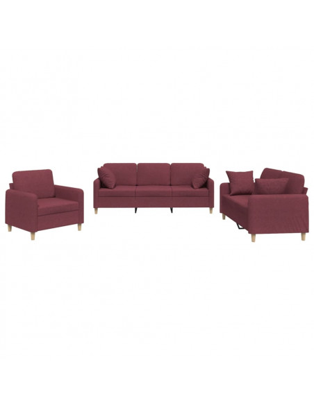 Set di Divani 3 pz con Cuscini Rosso Vino in Tessuto