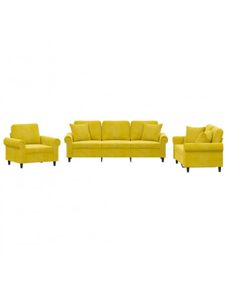 Set di Divani 3 pz con Cuscini Giallo in Velluto