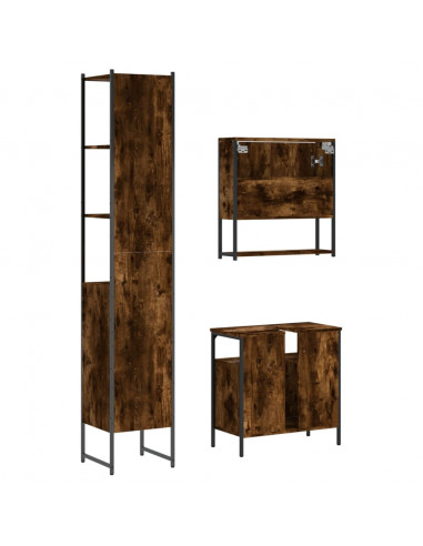 Set Mobili da Bagno 3 pz Rovere Fumo in Legno Multistrato