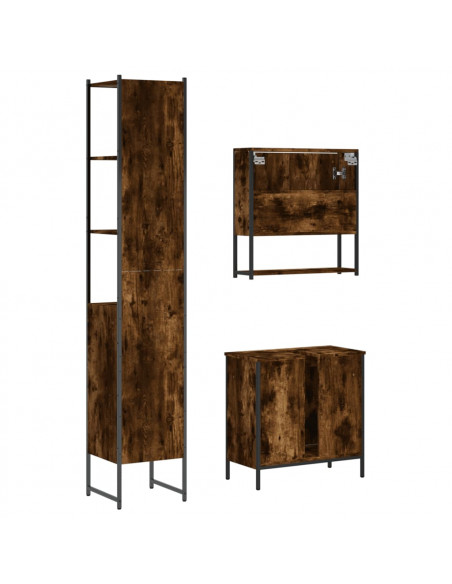 Set Mobili da Bagno 3 pz Rovere Fumo in Legno Multistrato