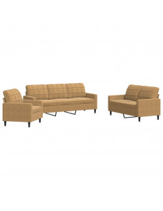 Set di Divani 3 pz con Cuscini Marrone in Velluto 2