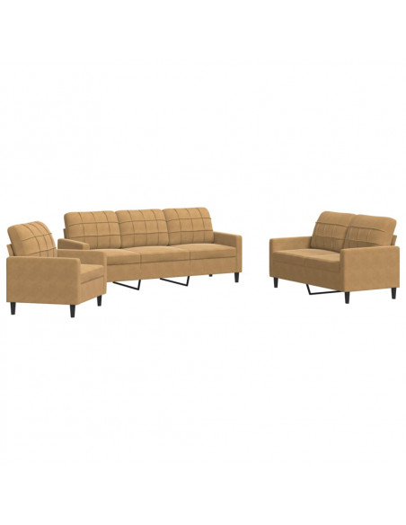 Set di Divani 3 pz con Cuscini Marrone in Velluto