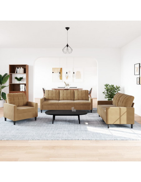Set di Divani 3 pz con Cuscini Marrone in Velluto