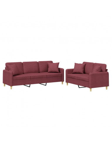 Set di Divani 2 pz con Cuscini Rosso Vino in Tessuto