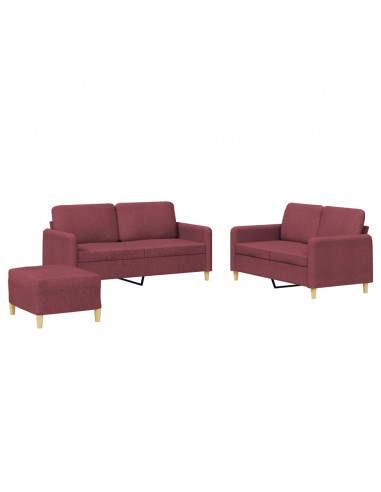 Set di Divani 3 pz con Cuscini Rosso Vino in Tessuto