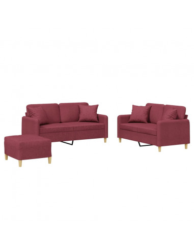 Set di Divani 3 pz con Cuscini Rosso Vino in Tessuto