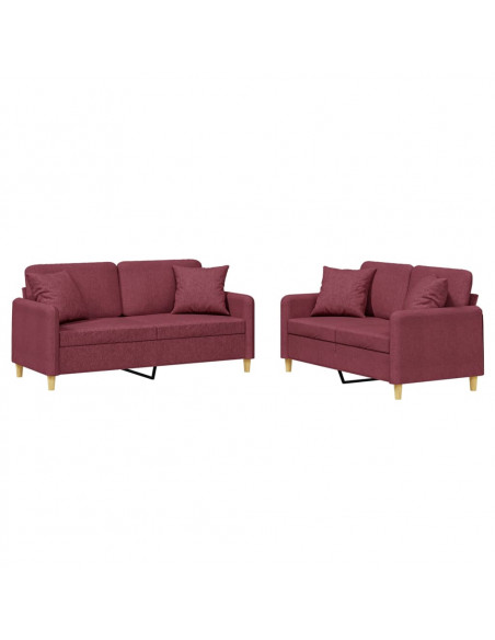 Set di Divani 2 pz con Cuscini Rosso Vino in Tessuto