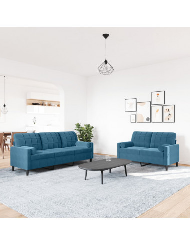 Set di Divani 2 pz con Cuscini e Rinforzi Blu in Velluto