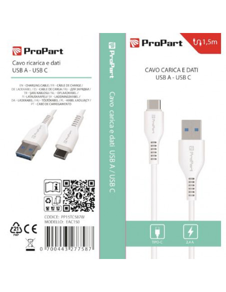 ProPart Cavo Carica e Dati Tipo-C 2.4 A. Lunghezza 1.5 metri Bianco