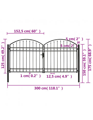 Cancello a Doppia Anta ad Arco in Acciaio 300x125 cm Nero