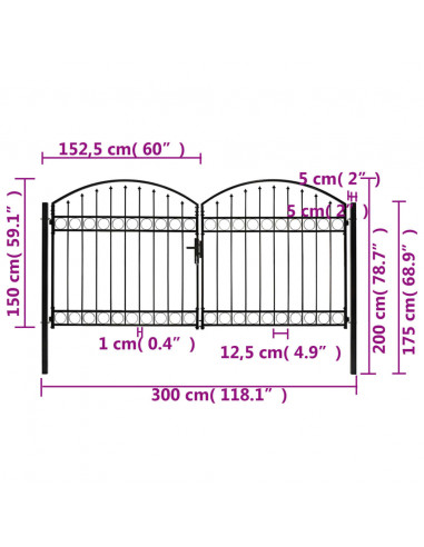 Cancello a Doppia Anta ad Arco in Acciaio 300x150 cm Nero