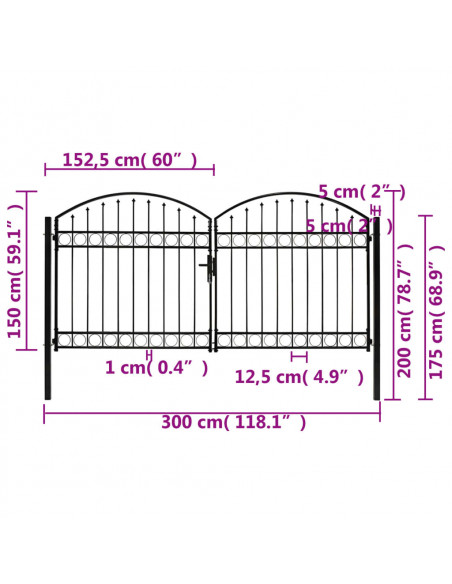 Cancello a Doppia Anta ad Arco in Acciaio 300x150 cm Nero