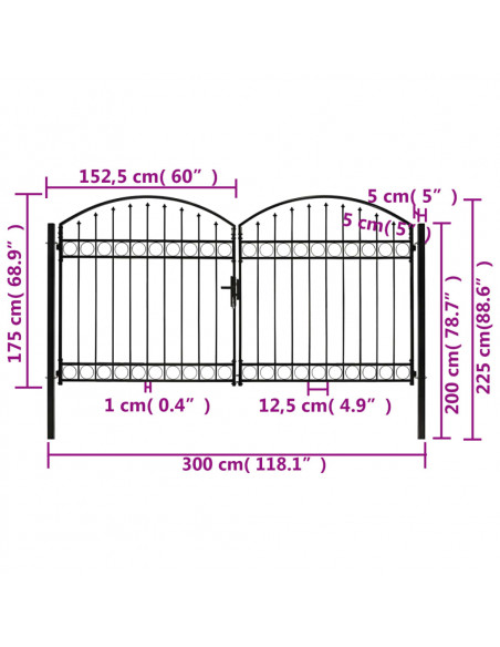 Cancello a Doppia Anta ad Arco in Acciaio 300x175 cm Nero