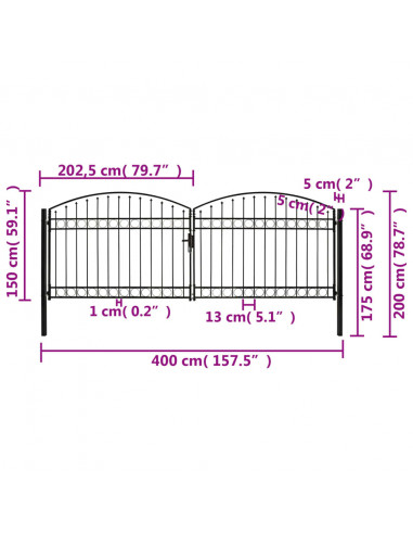 Cancello per recinzione ASSEN a doppia anta con parte superiore ad arco in acciaio 400x150 cm