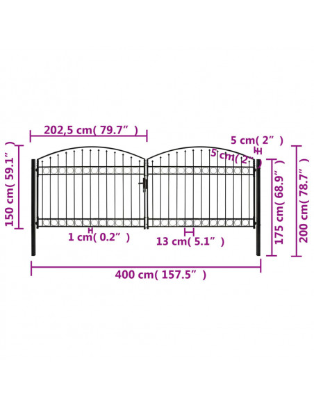 Cancello per recinzione ASSEN a doppia anta con parte superiore ad arco in acciaio 400x150 cm