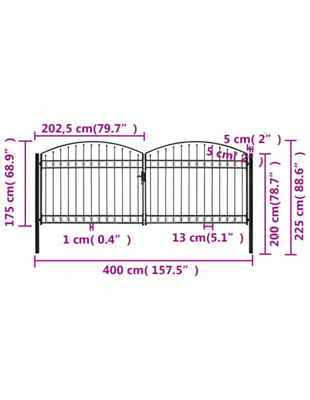 Cancello per recinzione ASSEN a doppia anta con parte superiore ad arco in acciaio 400x175 cm