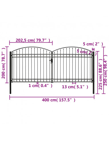 Cancello a Doppia Anta ad Arco in Acciaio 400x200cm Nero