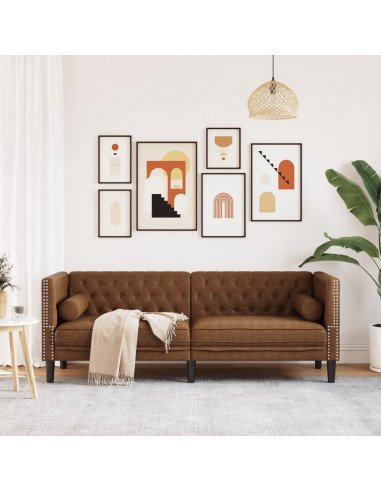 Divano Chesterfield con Cuscini 3 Posti Marrone in Scamosciato