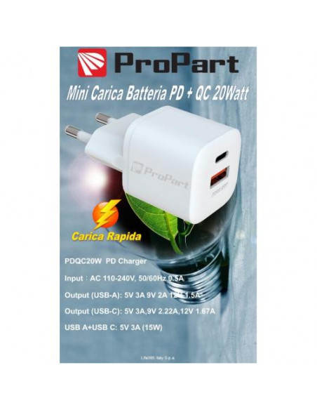 ProPart Carica Batteria Rapido Mini PD + QC 20W 2 Uscite Tipo-C - A