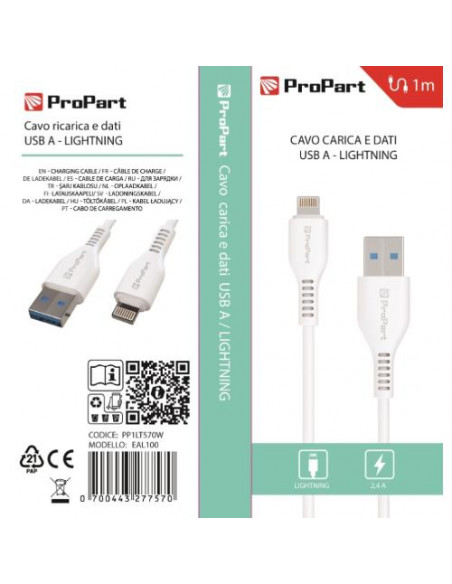ProPart Cavo Lightning Apple 5V 2.4A 1mt Carica e dati Bianco