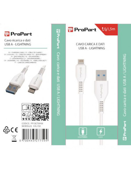 ProPart Cavo Lightning Apple 5V 2.4A 1.5mt Carica e dati Bianco