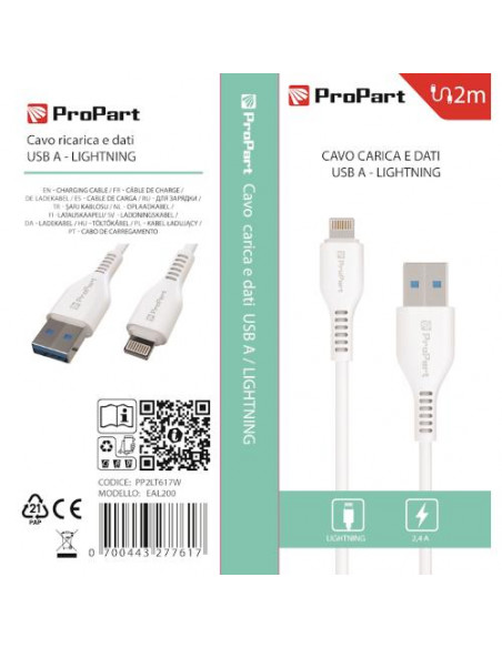 ProPart Cavo Lightning Apple 5V 2.4A 2mt Carica e dati Bianco
