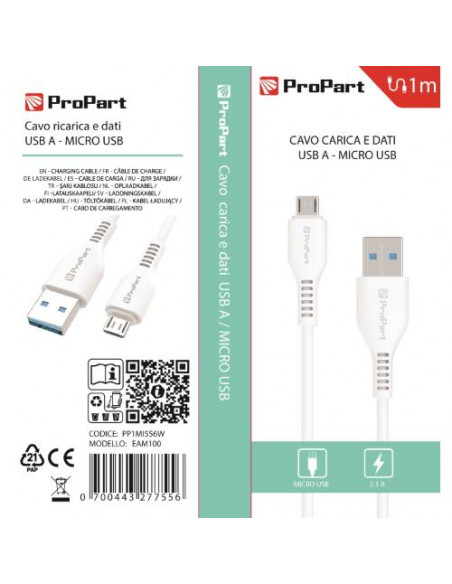 ProPart Cavo Carica e Dati Micro Usb 2.1 A. Lunghezza 1 metro Bianco