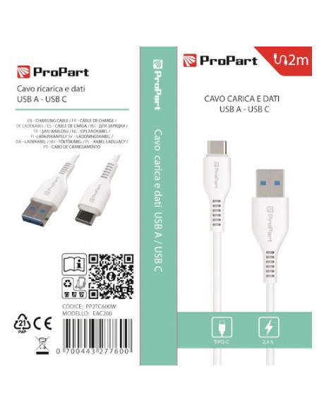 ProPart Cavo Carica e Dati Tipo-C 2.4 A. Lunghezza 2 metri Bianco