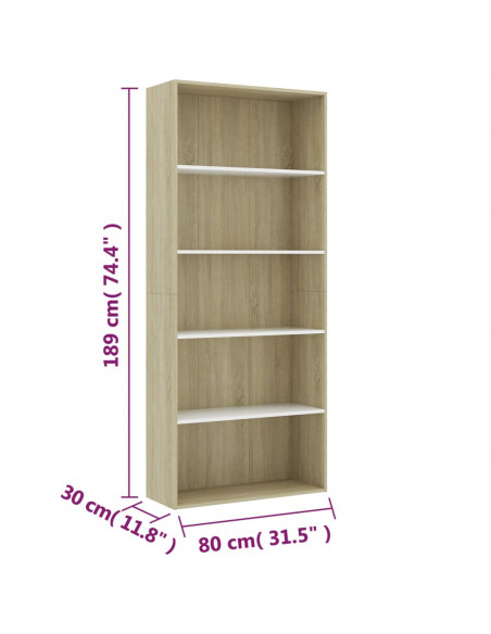 Libreria 5 Ripiani Bianco Rovere Sonoma 80x30x189cm Multistrato