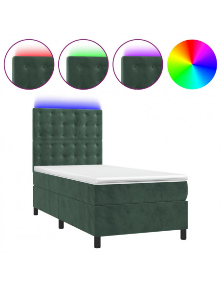 Letto a Molle con Materasso e LED Verde Scuro 80x200cm Velluto