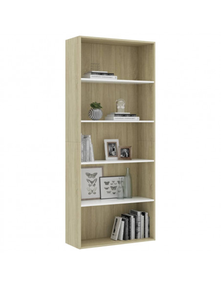 Libreria 5 Ripiani Bianco Rovere Sonoma 80x30x189cm Multistrato