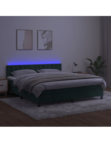 Letto a Molle con Materasso e LED Verde Scuro 160x200cm Velluto
