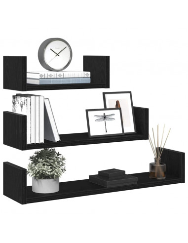 Mensole Parete 3pz Rovere Nero in Legno Multistrato