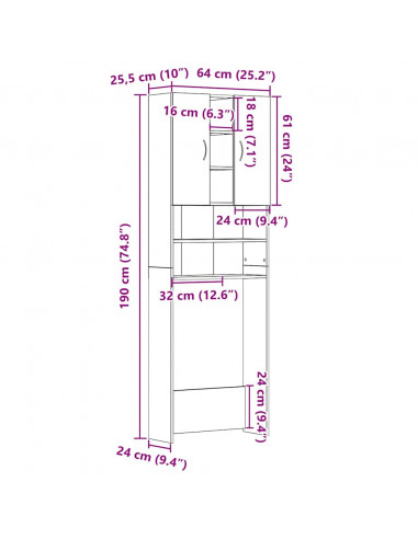 Mobile per Lavatrice Rovere Nero 64x25,5x190 cm