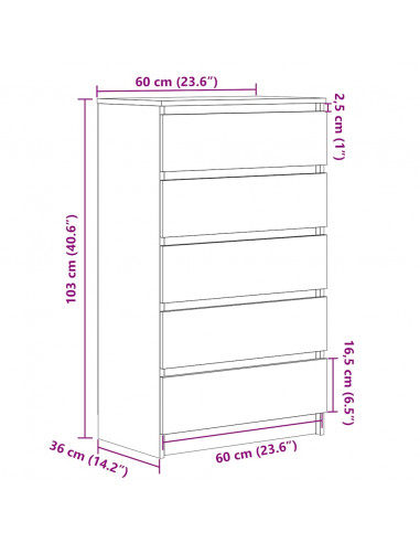 Cassettiera Rovere Nero 60x36x103 cm in Legno Multistrato