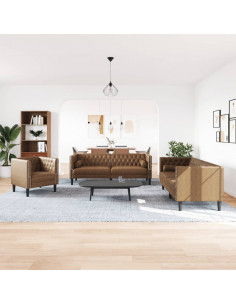 Divani Chesterfield 3pz Cuscini Marrone Similpelle Scamosciata 2