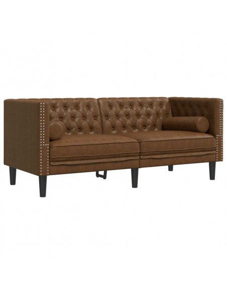 Divani Chesterfield 3pz Cuscini Marrone Similpelle Scamosciata