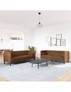 Divani Chesterfield 2pz Cuscini Marrone Similpelle Scamosciata 2