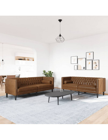 Divani Chesterfield 2pz Cuscini Marrone Similpelle Scamosciata