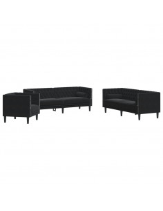 Set Divani Chesterfield 3pz con Cuscini Nero Velluto 2