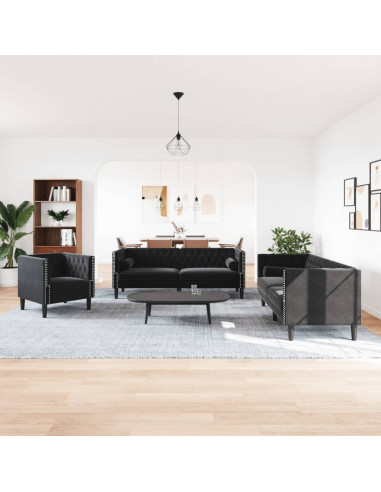 Set Divani Chesterfield 3pz con Cuscini Nero Velluto