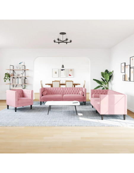Set Divani Chesterfield 3pz con Cuscini Rosa Velluto