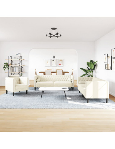 Set Divani Chesterfield 3pz con Cuscini Crema Velluto