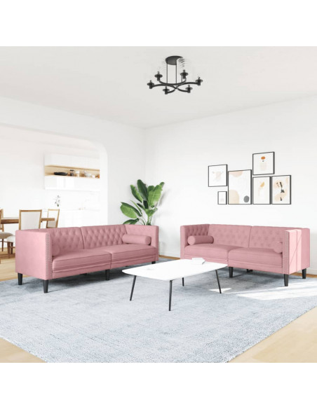 Set Divani Chesterfield 2pz con Cuscini Rosa Velluto