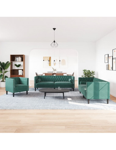 Set Divani Chesterfield 3pz con Cuscini Verde Scuro Velluto