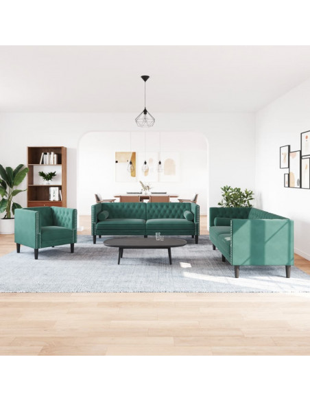 Set Divani Chesterfield 3pz con Cuscini Verde Scuro Velluto