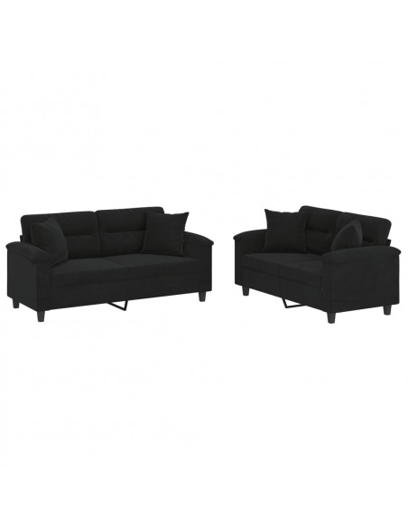 Set Divani 2 pz con Cuscini Nero in Tessuto Microfibra
