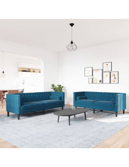 Set Divani Chesterfield 2pz con Cuscini Blu Velluto