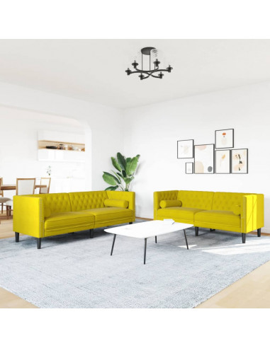 Set Divani Chesterfield 2pz con Cuscini Giallo Velluto